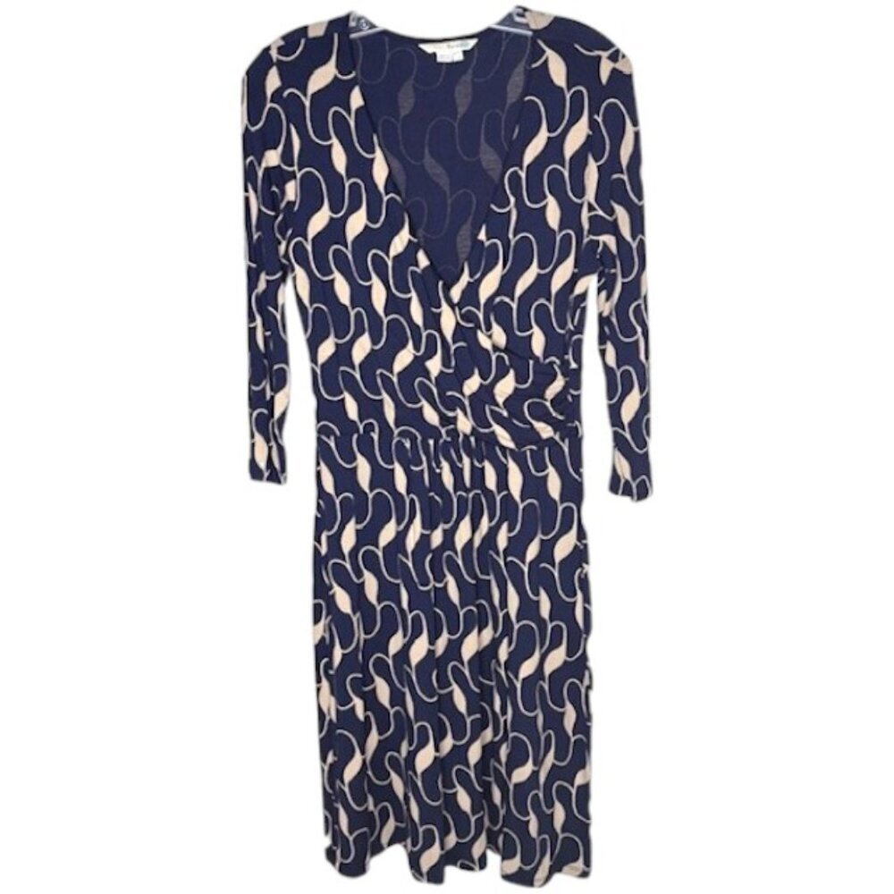 Boden Elena Fixed-Wrap Fit/Flare Dress 3/4 Length Sleeves - Blue/Tan - 8R